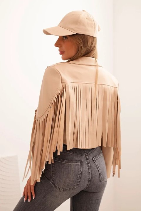 Kurtka damska z eko skóry z frędzlami w stylu boho jasno camelowa