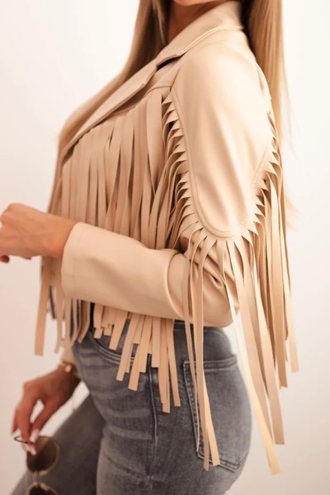 Kurtka damska z eko skóry z frędzlami w stylu boho jasno camelowa