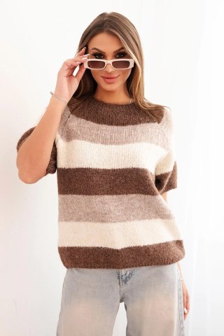 Sweter damski w pasy z krótkim rękawem z wełny beżowy + brązowy