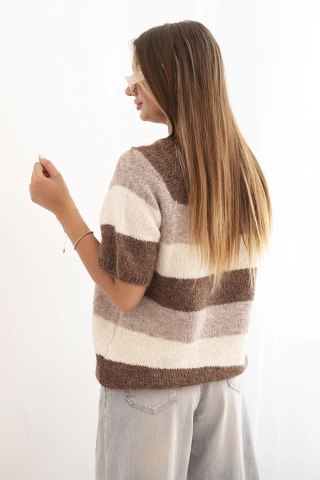 Sweter damski w pasy z krótkim rękawem z wełny beżowy + brązowy