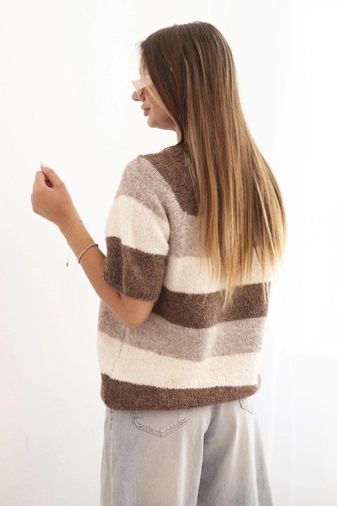 Sweter damski w pasy z krótkim rękawem z wełny beżowy + brązowy