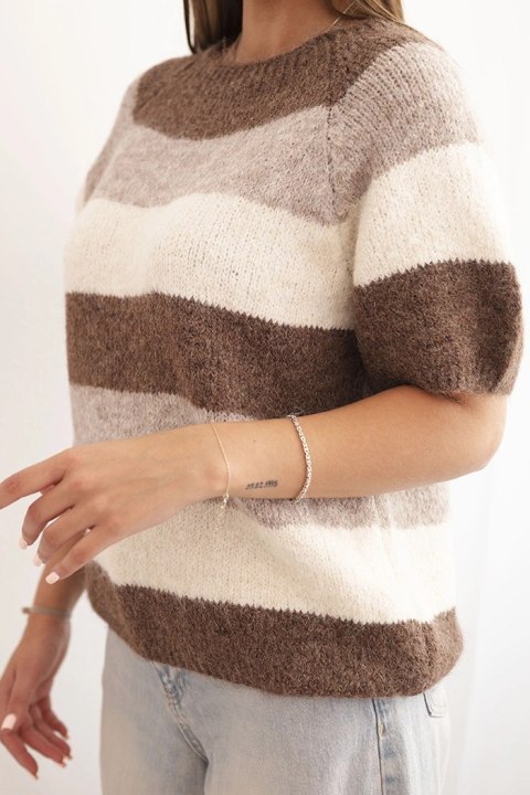 Sweter damski w pasy z krótkim rękawem z wełny beżowy + brązowy