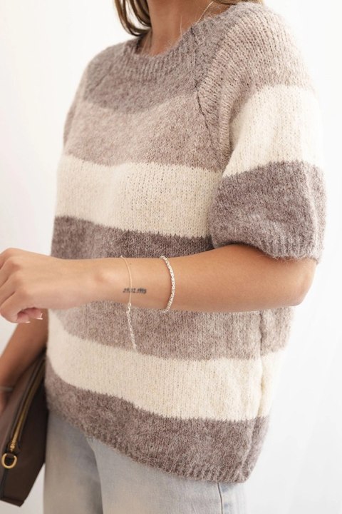 Sweter damski w pasy z krótkim rękawem z wełny beżowy + fango