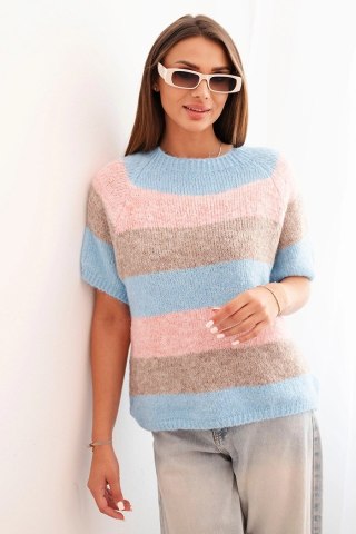 Sweter damski w pasy z krótkim rękawem z wełny fango + niebieski