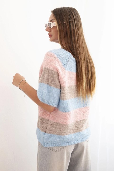 Sweter damski w pasy z krótkim rękawem z wełny fango + niebieski