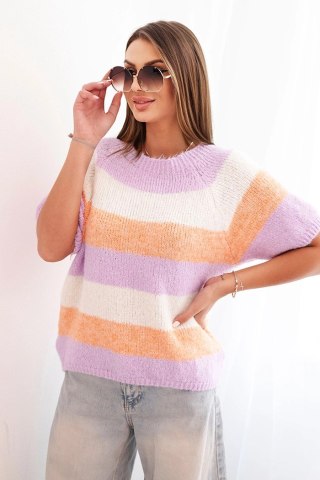 Sweter damski w pasy z krótkim rękawem z wełny morelowy + fioletowy