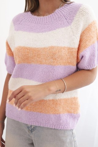 Sweter damski w pasy z krótkim rękawem z wełny morelowy + fioletowy