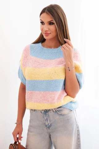 Sweter damski w pasy z krótkim rękawem z wełny żółty + niebieski