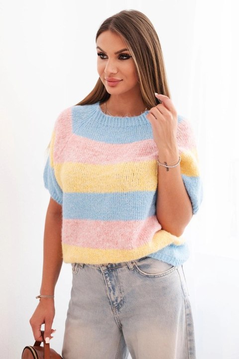 Sweter damski w pasy z krótkim rękawem z wełny żółty + niebieski