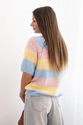 Sweter damski w pasy z krótkim rękawem z wełny żółty + niebieski