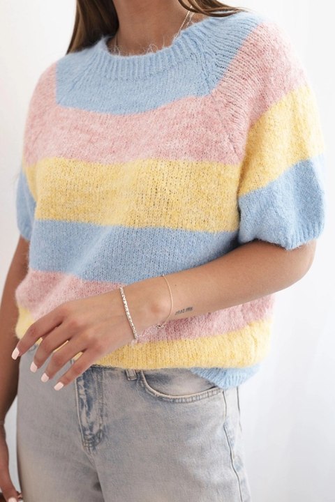 Sweter damski w pasy z krótkim rękawem z wełny żółty + niebieski