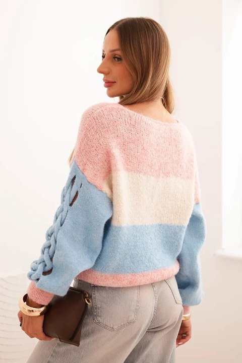 Sweter damski w pasy z warkoczami na rękawach z wełny jasno różowy + niebieski