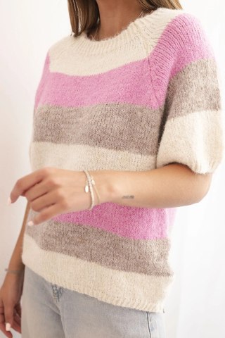 Sweter damski z krótkim rękawem w pasy z wełny fango + beżowy