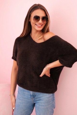 Sweter damski z miękkiego włosia z dekoltem V krótki rękaw brązowy