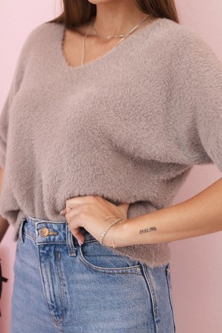 Sweter damski z miękkiego włosia z dekoltem V krótki rękaw