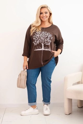Bluza damska Plus Size bawełniana z nadrukiem drzewa brązowa