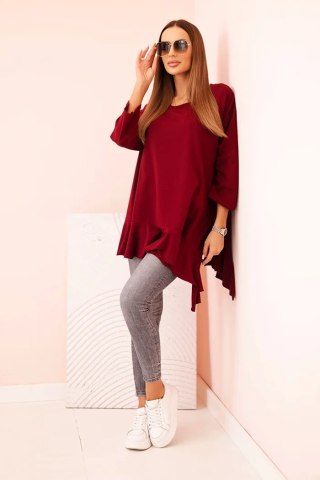 Bluzka damska Plus Size z bawełną z falbaną i rękawem podwijanym bordowa