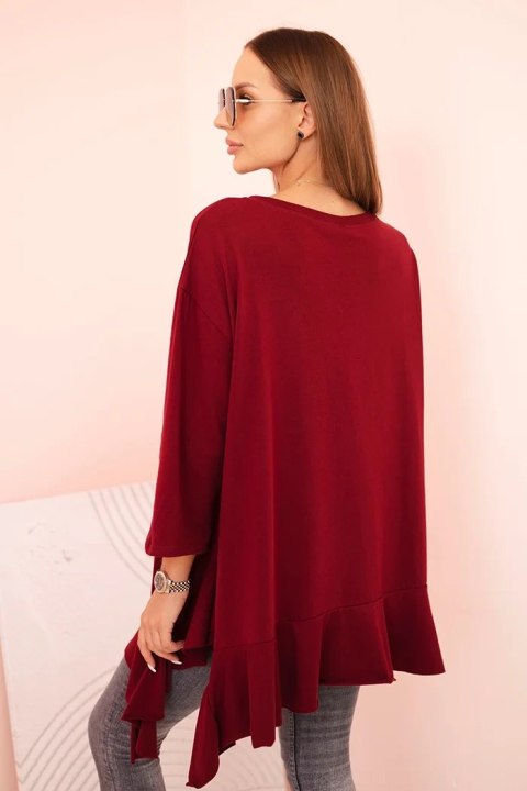 Bluzka damska Plus Size z bawełną z falbaną i rękawem podwijanym bordowa