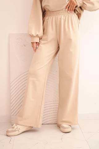 Komplet damski bawełniany z szeroką nogawką i bluzą z długim rękawem beżowy
