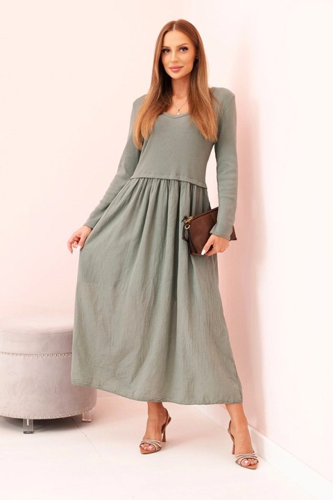 Sukienka damska z bawełną z długim rękawem i dekoltem V khaki