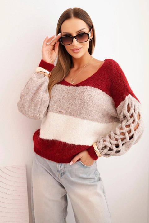 Sweter damski w pasy z warkoczami na rękawach z wełny bordowy + niebieski