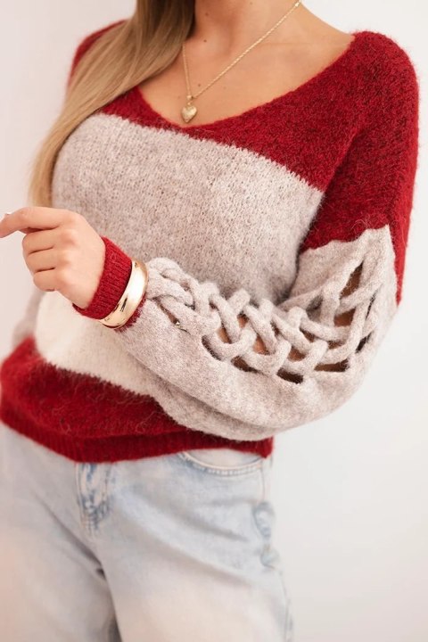Sweter damski w pasy z warkoczami na rękawach z wełny bordowy + niebieski