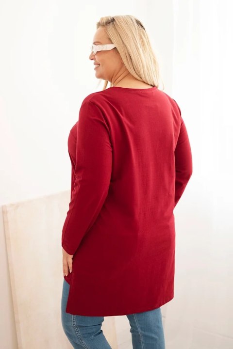 Bluzka damska Plus Size bawełniana z napisem i dekoltem V bordowa
