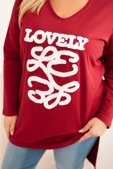 Bluzka damska Plus Size bawełniana z napisem i dekoltem V bordowa