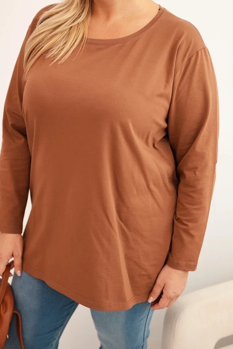 Bluzka damska Plus Size bawełniana z okrągłym dekoltem camelowa