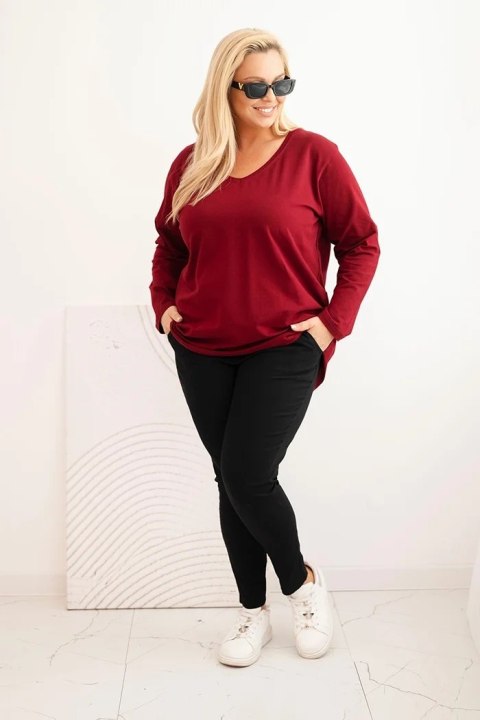 Bluzka damska Plus Size z dekoltem V i długim rękawem bordowa