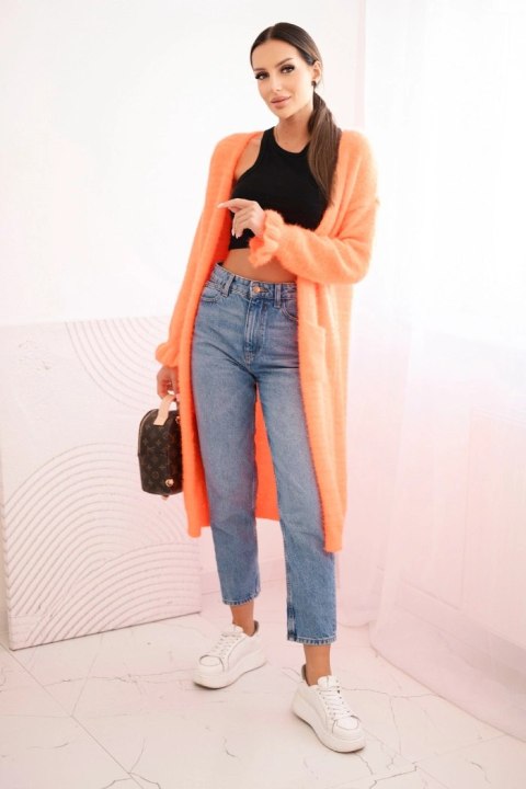 Kardigan damski z moheru o długim kroju z kieszeniami pomarańczowy