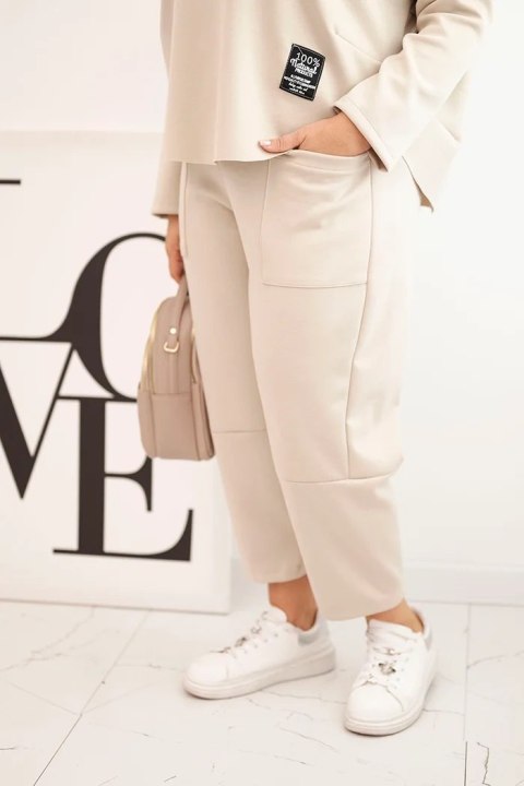 Komplet damski Plus Size masełko bluza i spodnie z kieszeniami beżowy