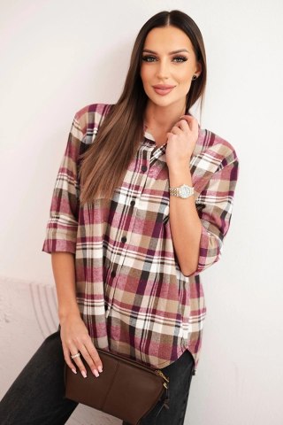 Koszula damska bawełniana w kratę z dłuższym tyłem beżowa