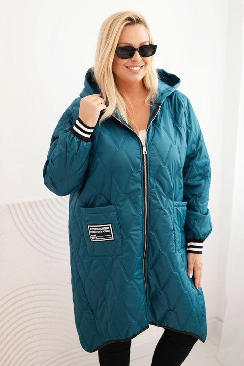 Kurtka damska Plus Size pikowana z kapturem i sportowymi mankietami morska