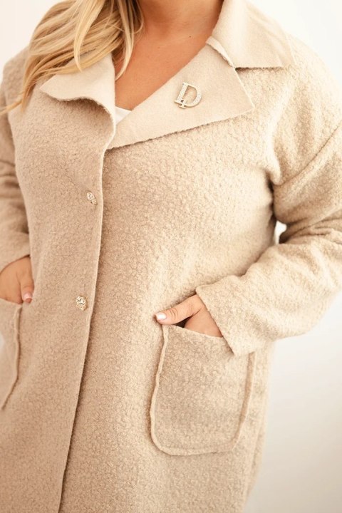 Płaszcz damski Plus Size baranek z wełną i kieszeniami beżowy
