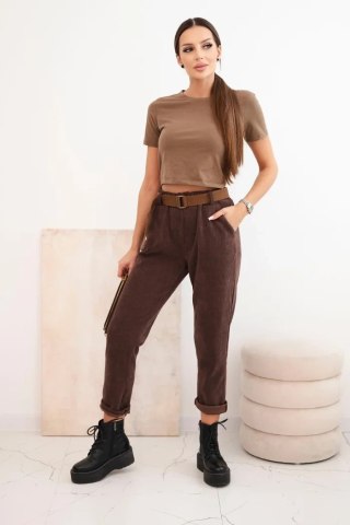 Spodnie damskie z paskiem w prążek brązowe