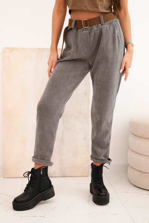 Spodnie damskie z paskiem w prążek ciemno szare