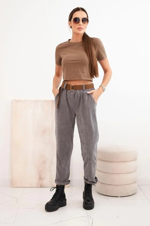 Spodnie damskie z paskiem w prążek ciemno szare