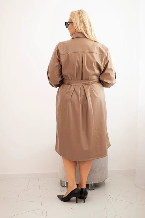 Sukienka damska z eko-skóry Plus Size z paskiem i kołnierzykiem fango