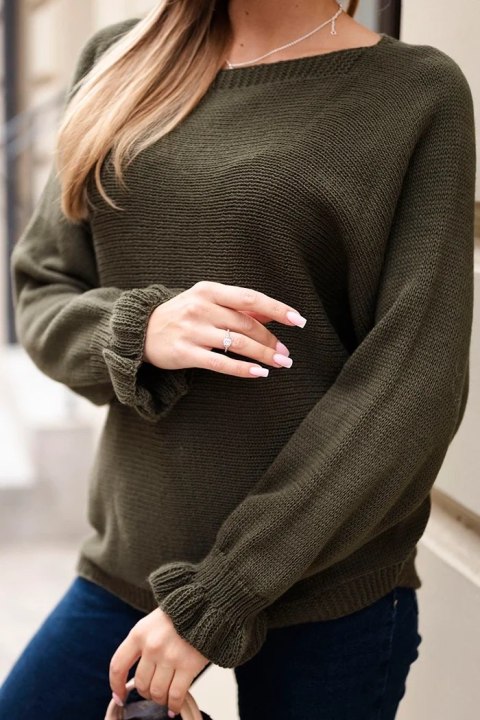 Sweter damski z moheru z marszczonymi rękawami i wycięciem na plecach khaki