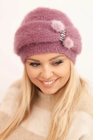 Czapka damska zimowa puszysta z ozdobą i futerkiem ciemno różowa