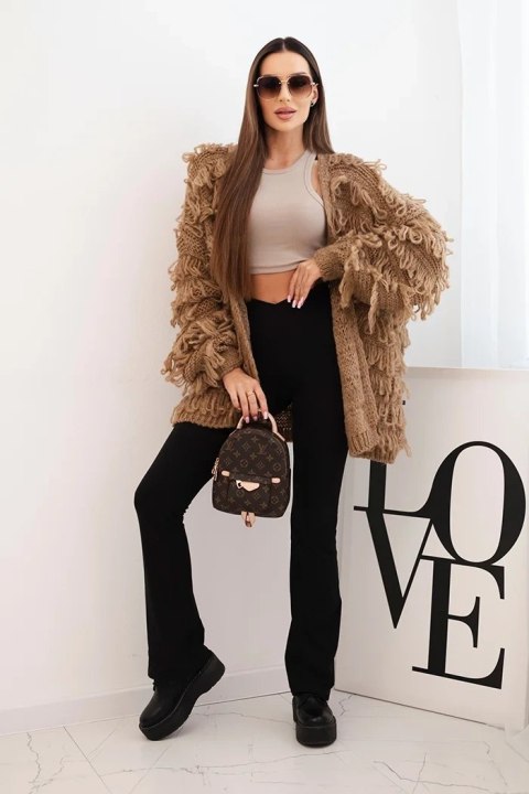 Kardigan damski z frędzlami i luźnym krojem ciemny camelowy