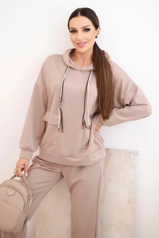 Komplet damska masełkowy bluza z kapturem i spodniami z paskiem ciemny beżowy