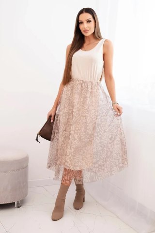 Komplet damski z wełnianym swetrem i wiskozową sukienką beżowy