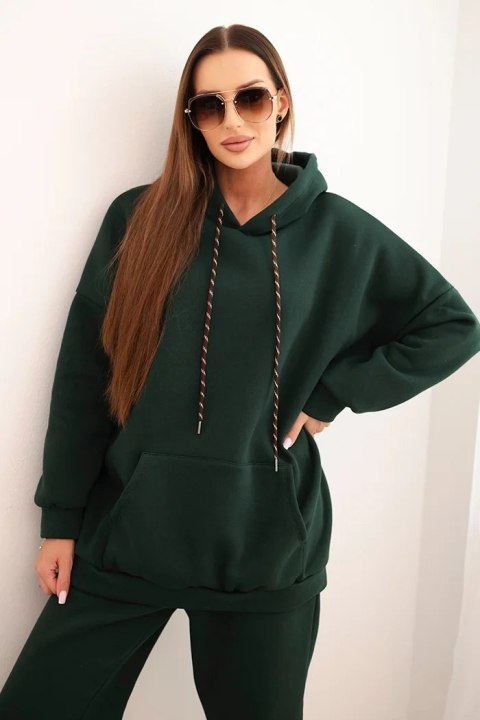 Komplet dresowy damski ocieplany z bawełny i z kapturem ciemno zielony