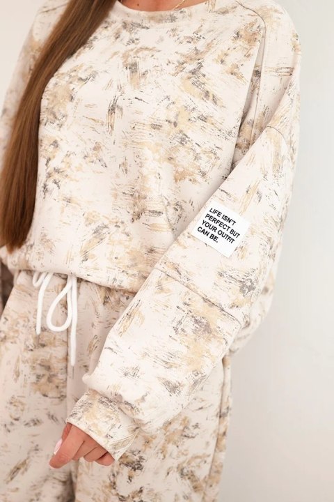 Komplet dresowy damski oversize z wiskozy z wydłużoną bluzą i efektem sprania beżowy