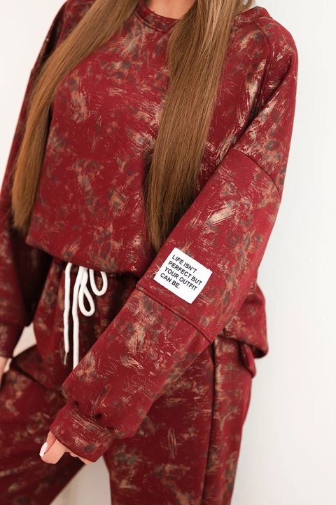 Komplet dresowy damski oversize z wiskozy z wydłużoną bluzą i efektem sprania bordowy