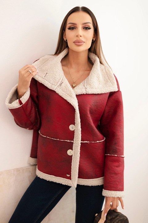 Kurtka damska Plus Size ocieplana z barankiem i guzikami krótki fason bordowa