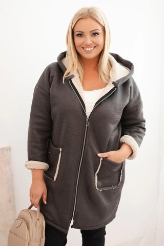 Kurtka damska Plus Size z kapturem i kieszeniami ocieplana barankiem grafitowa