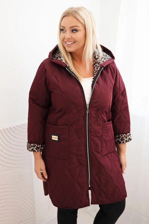 Kurtka damska pikowana Plus Size z podszewką w panterkę i kapturem bordowa